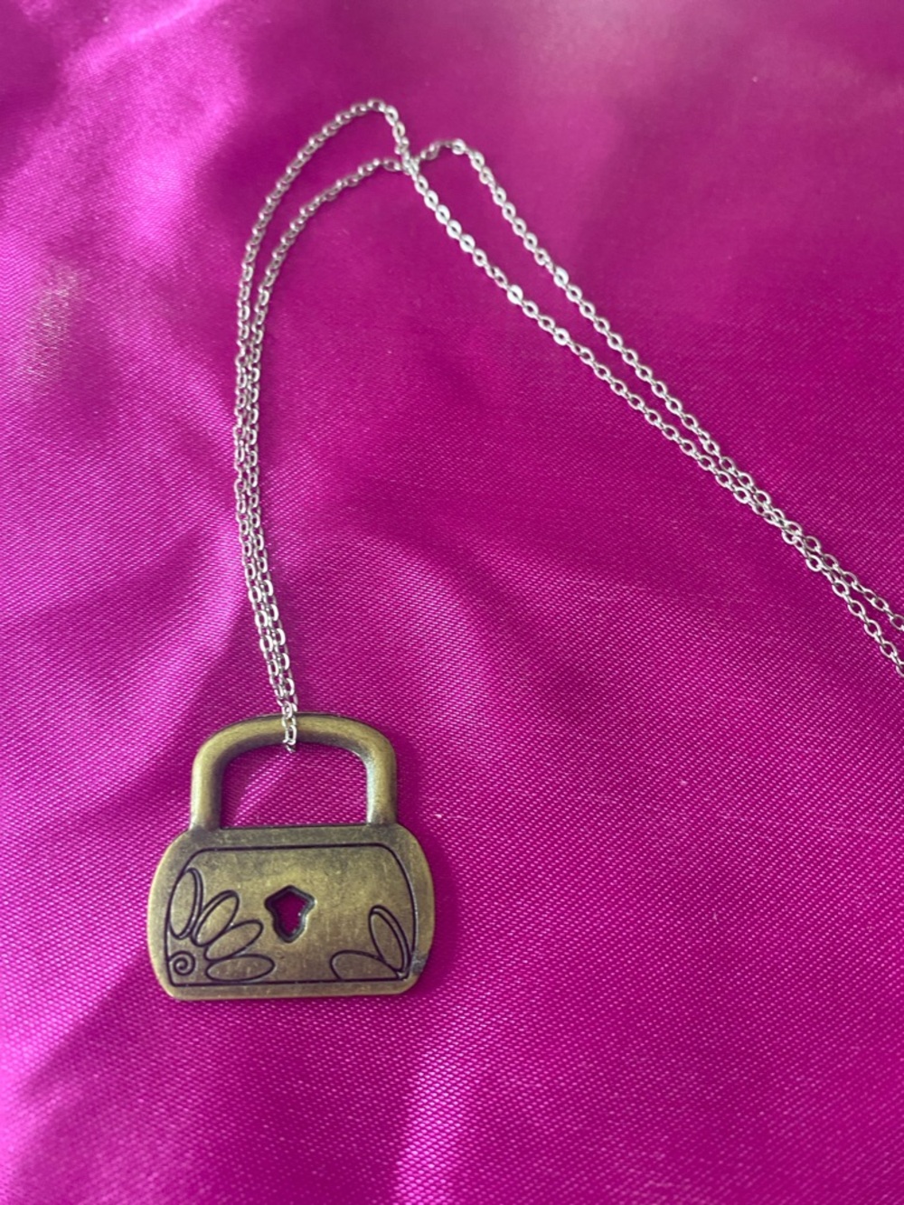 Antique Brass Padlock Pendant Necklace - Brass Tone
